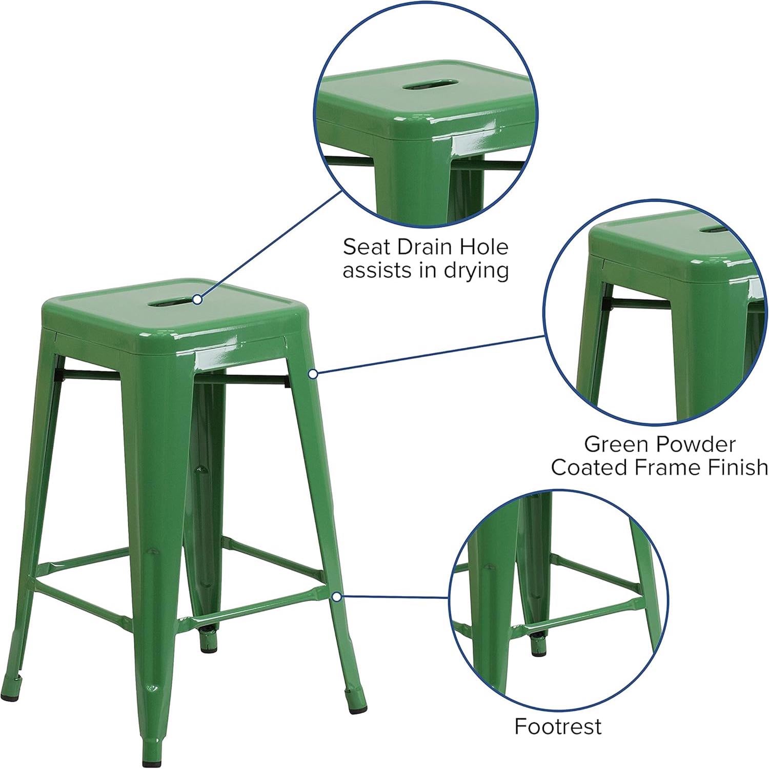 Lily 24 Industrial Style Bar Stool Green - Set of 4 - Modern Metal Counter Height