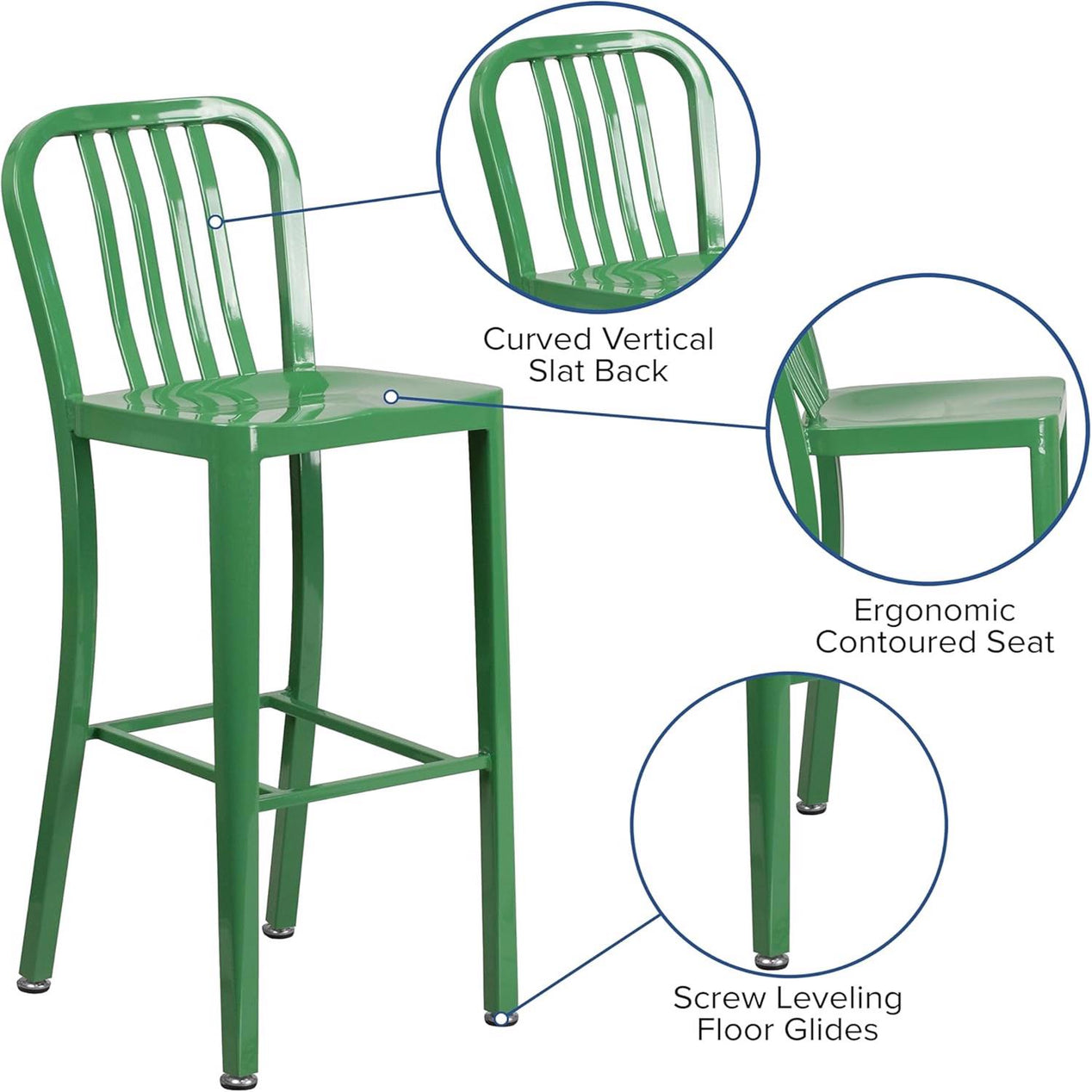 Gael Slat Back Commercial Bar Stool Green - Set of 2 - Modern Galvanised steel