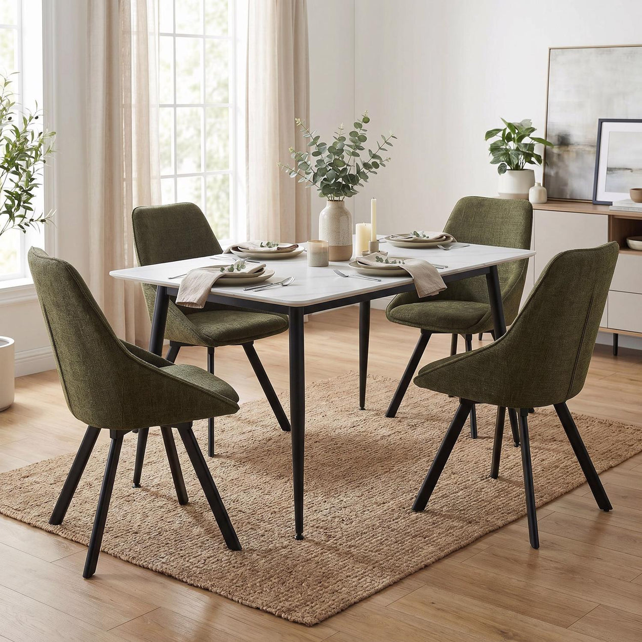 Monaco White Sintered Stone Dining Table With 4 Green Chenille Swivel Chairs