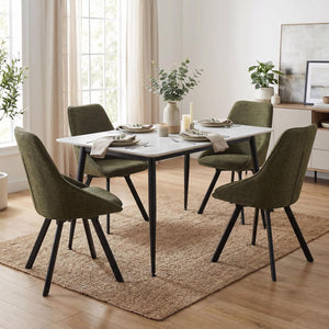 Monaco White Sintered Stone Dining Table With 4 Green Chenille Swivel Chairs