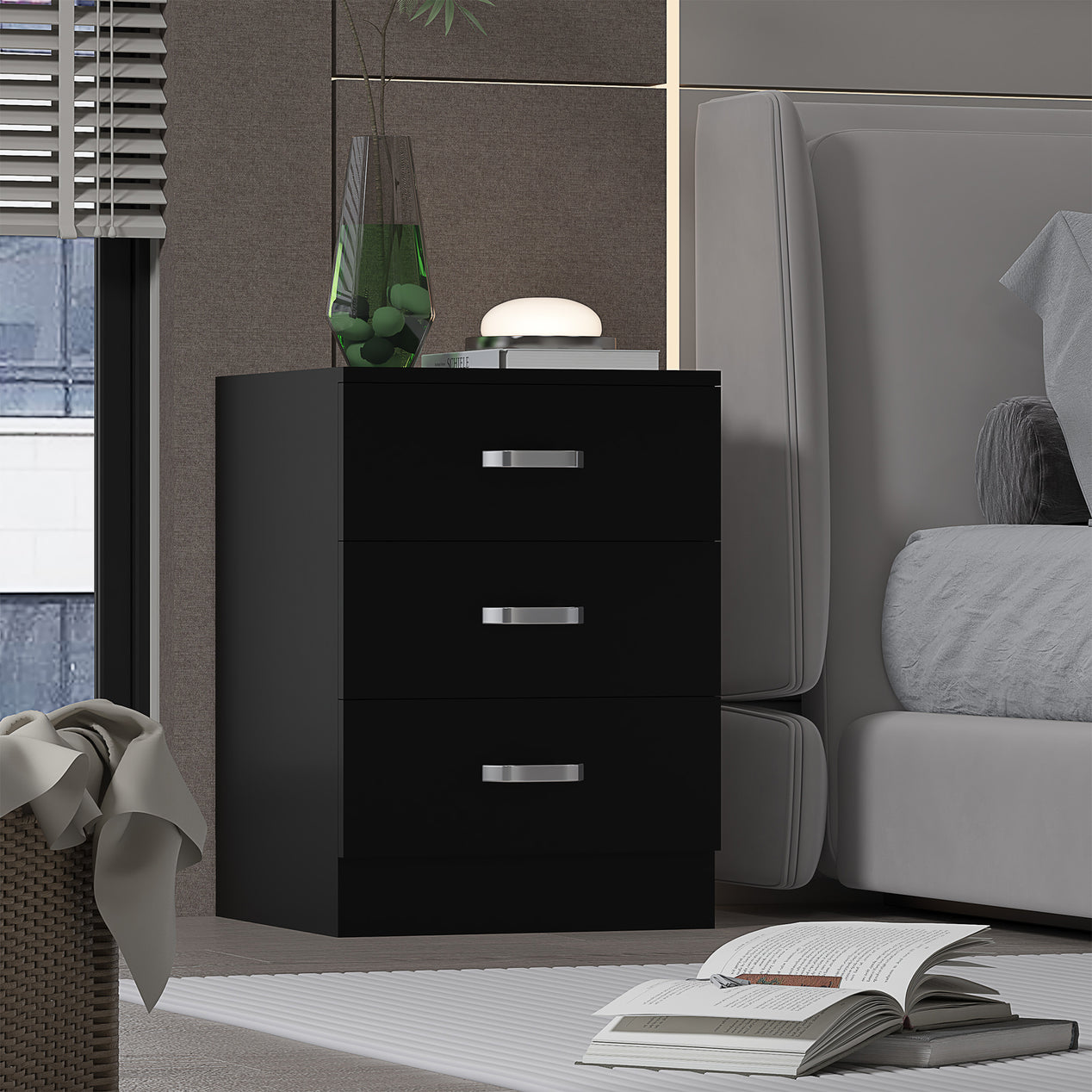 FWStyle Tunis 3 Drawer Bedside Chest Matt Black