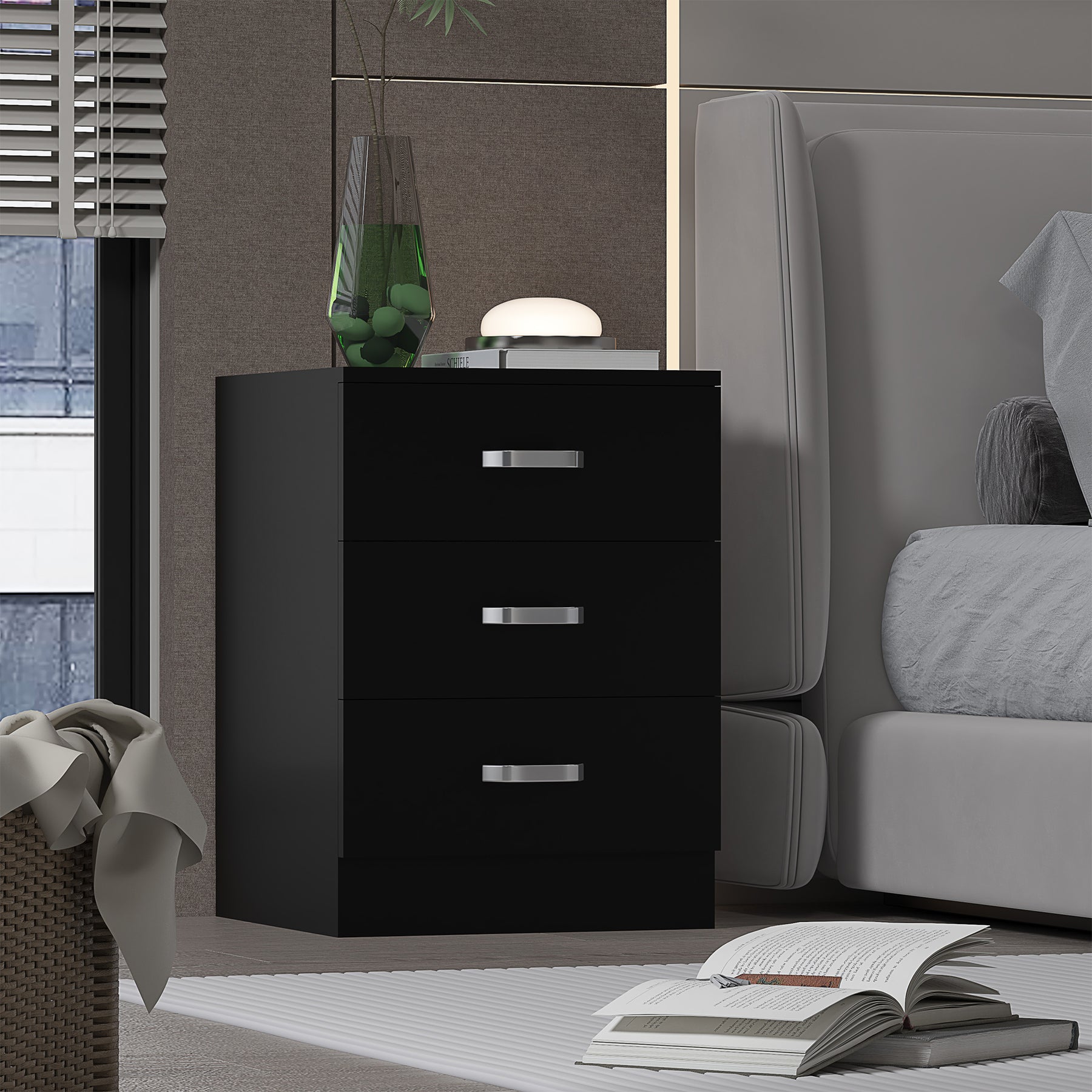 FWStyle Tunis 3 Drawer Bedside Chest Matt Black
