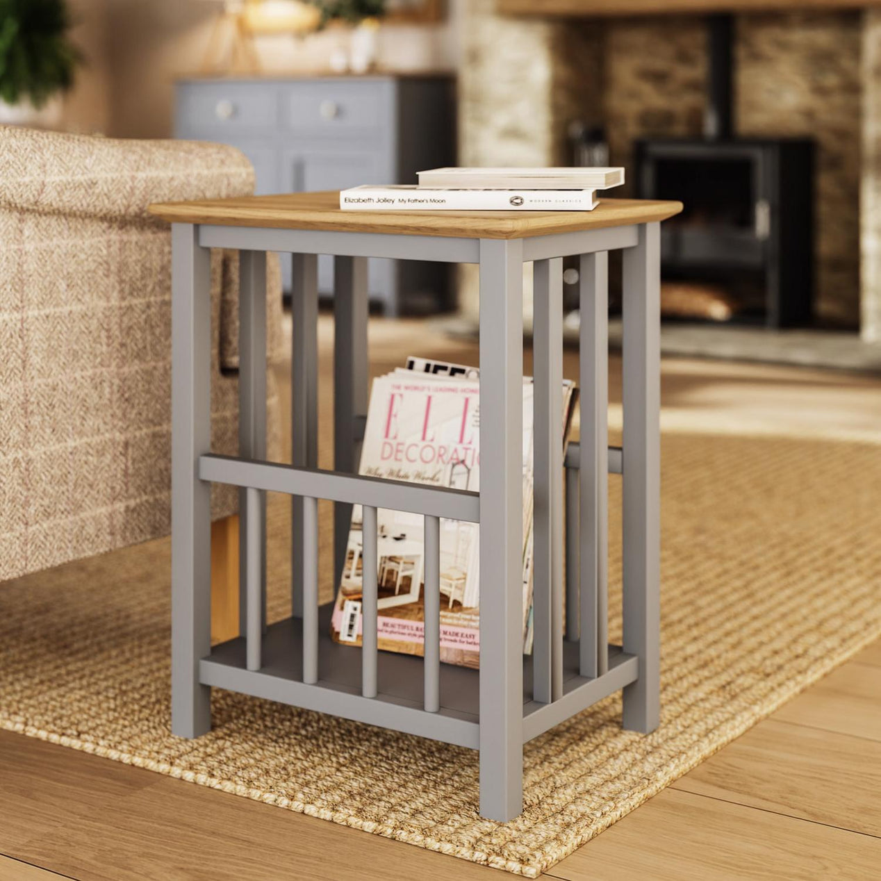 Taberno Oak Magazine Rack Turntable Stand Dove Grey