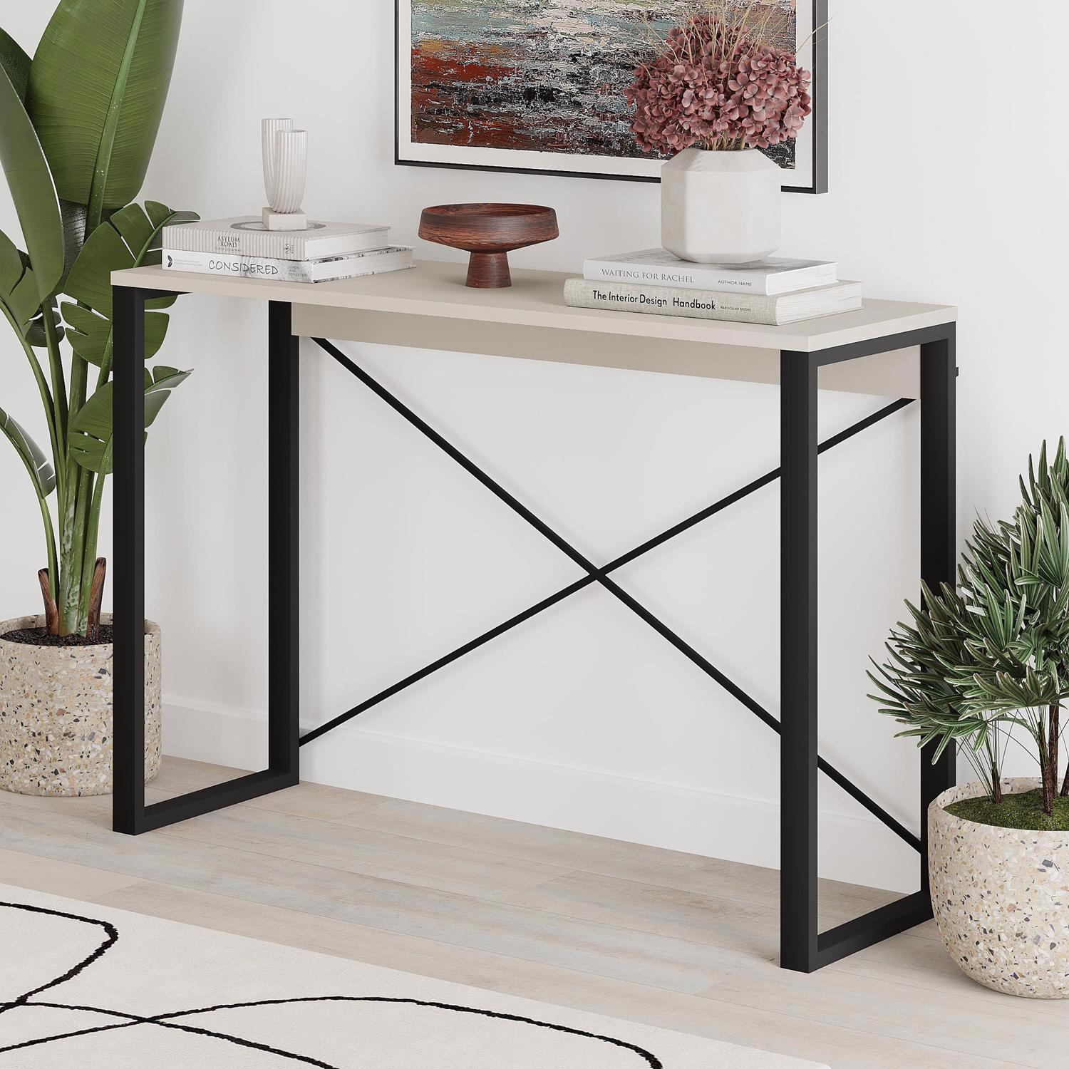 Modern Archie Console Table Sandstone 110cm with Black Metal Legs