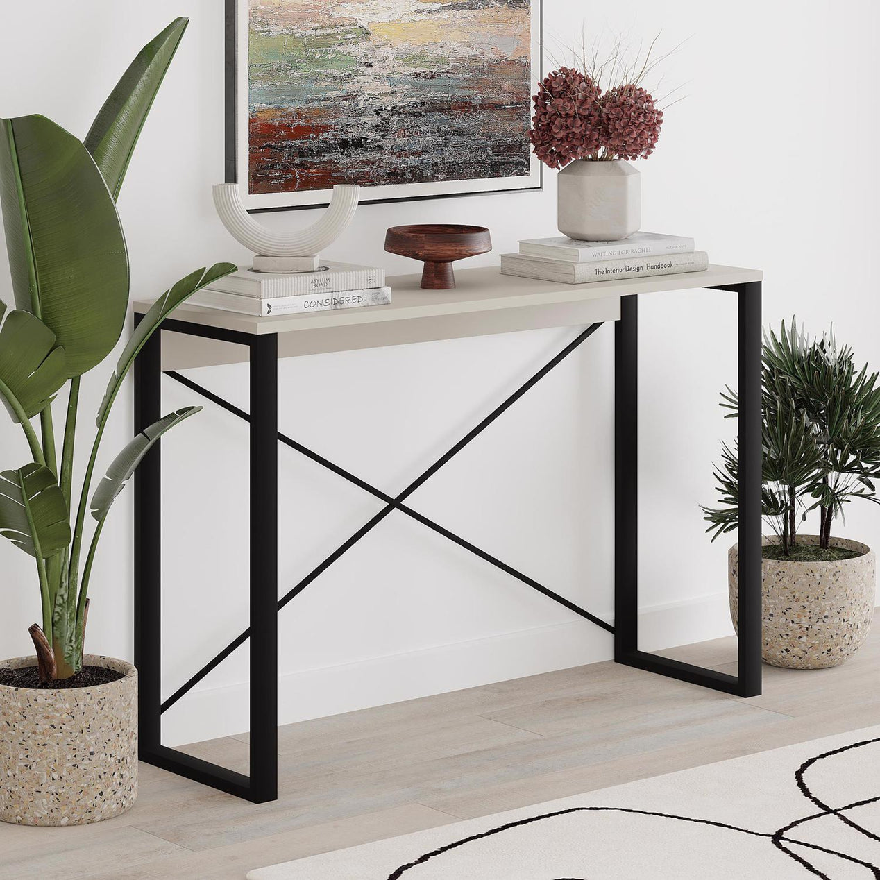 Modern Archie Console Table Sandstone 110cm with Black Metal Legs