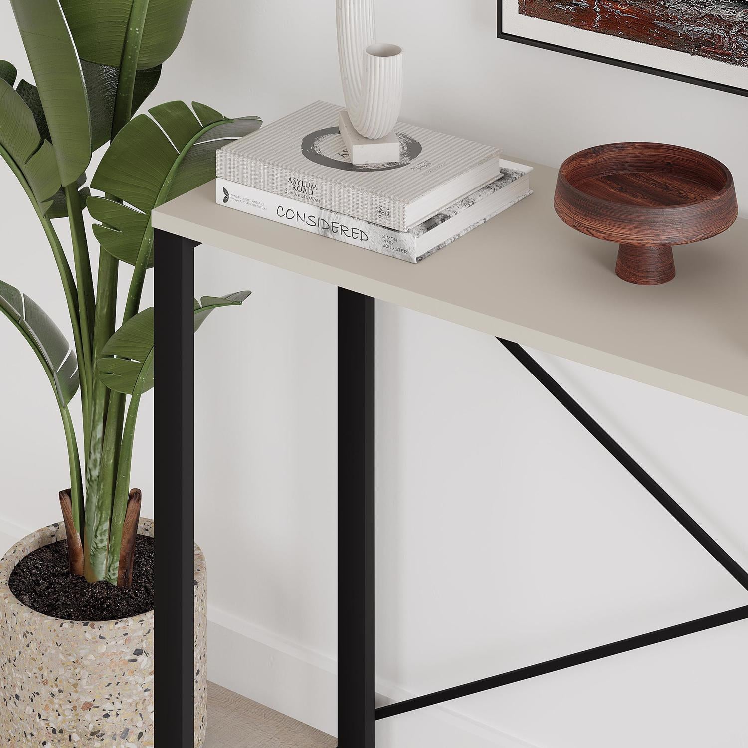Modern Archie Console Table Sandstone 110cm with Black Metal Legs