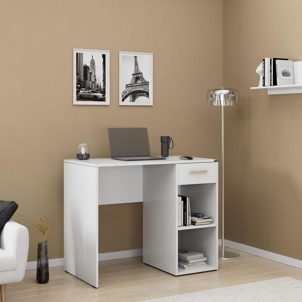 Adore Matt White Study Desk with Drawer & Shelves