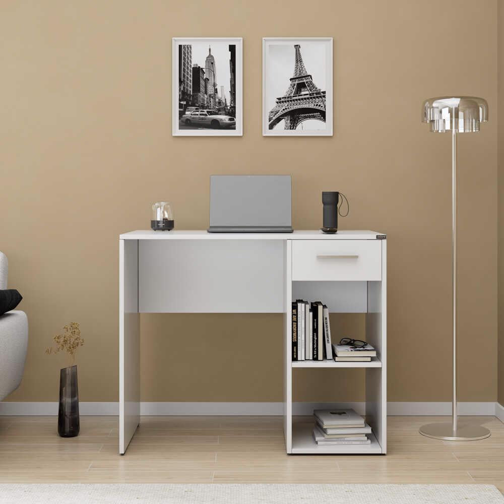 Adore Matt White Study Desk with Drawer & Shelves