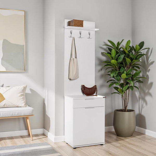 Adore White Hall Stand with Drawer, Hooks & Shoe Cupboard - Entryway Organiser