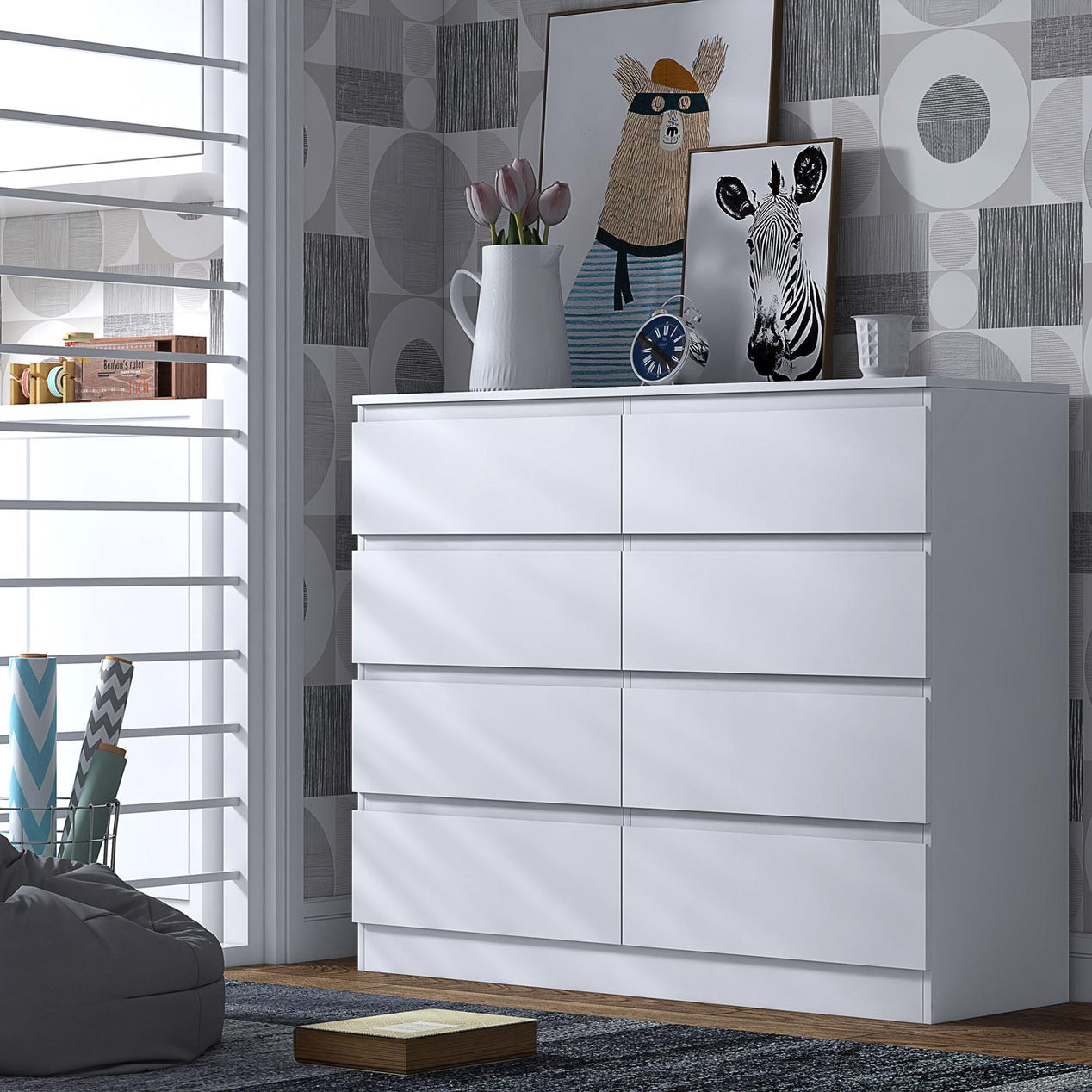 FWStyle Stora 8 Drawer Wide 4+4 Chest Of Drawers - Matt White