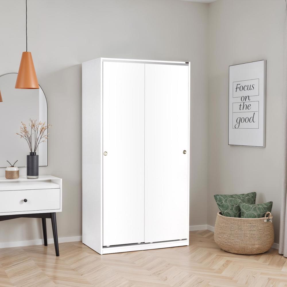 Adore Matt White Sliding 2 Door Wardrobe Half Hanging Half Shelves