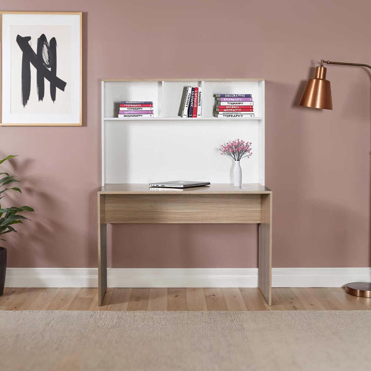 Adore Teen White & Oak Study Desk with Storage Hutch