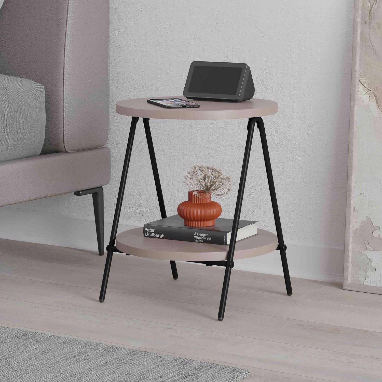 Modern Essel Industrial Style Round Side Table Mocha Grey with Black Metal Leg