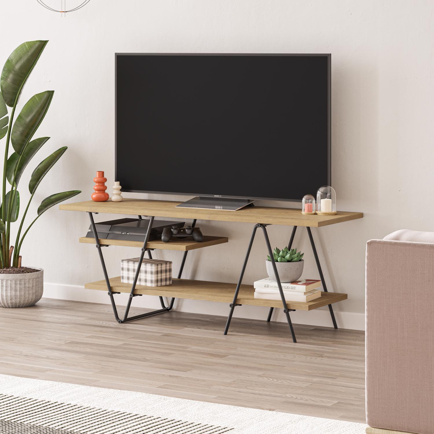 Modern Essel TV Stand Multimedia Centre Oak With Hairpin Metal Legs - For 48 Inch TVs