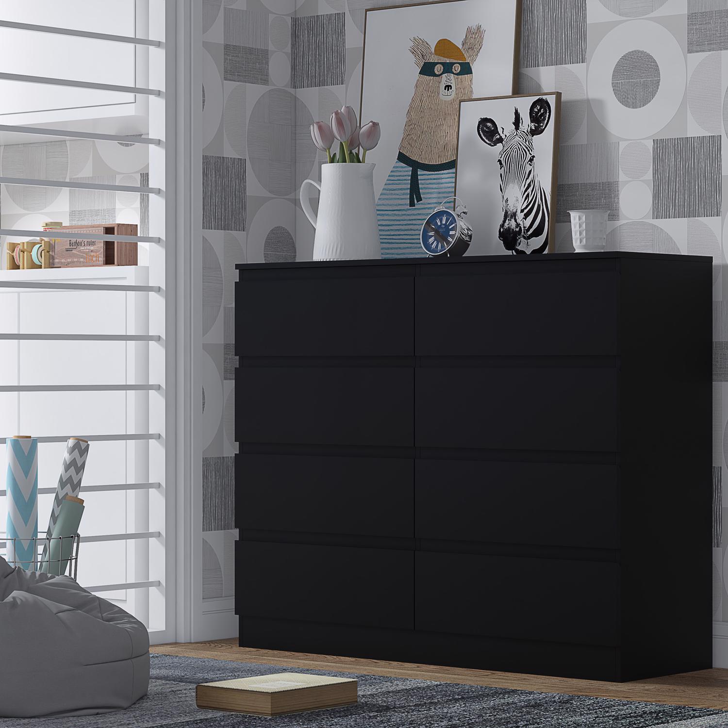 FWStyle Stora 8 Drawer Wide 4+4 Chest Of Drawers - Matt Black