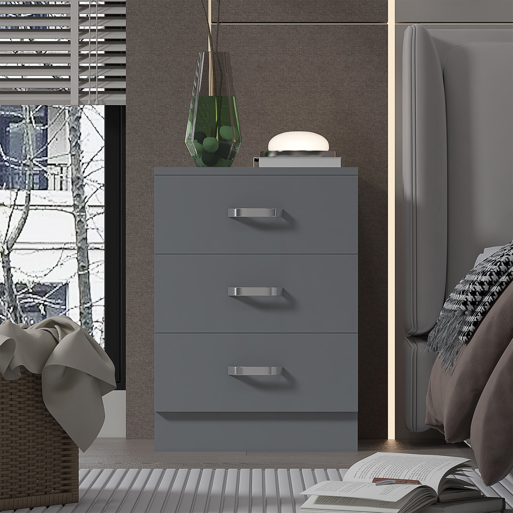 FWStyle Tunis 3 Drawer Bedside Chest Matt Grey