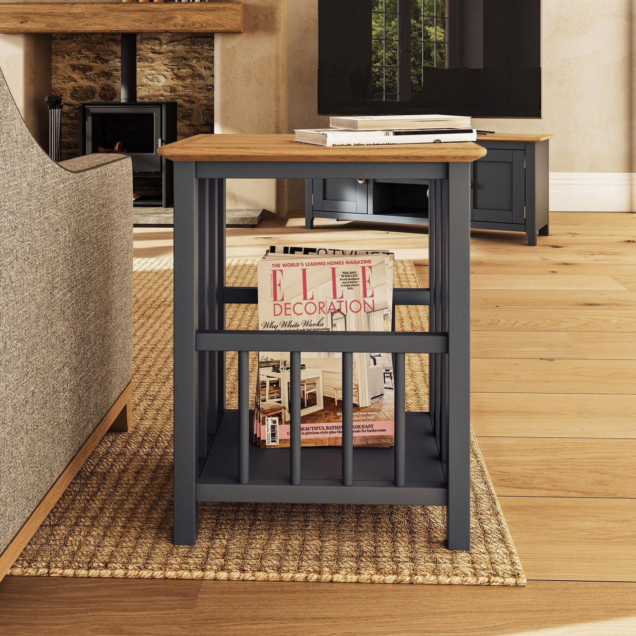 Taberno Oak Magazine Rack Turntable Stand Graphite Blue