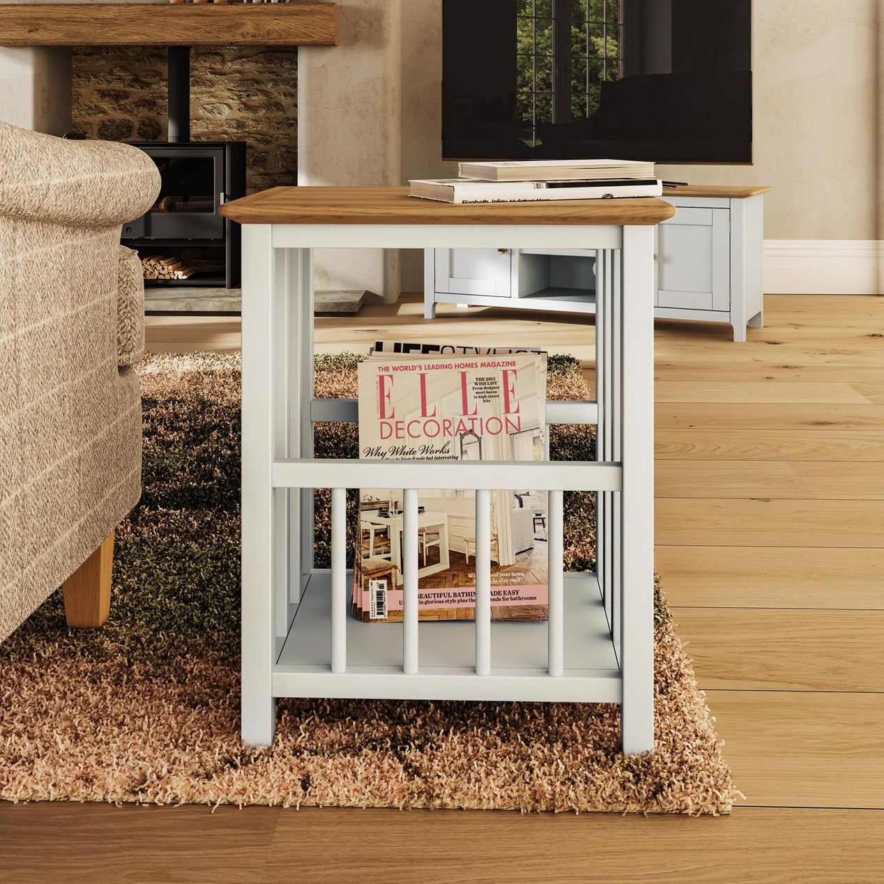 Taberno Oak Magazine Rack Turntable Stand Linen White