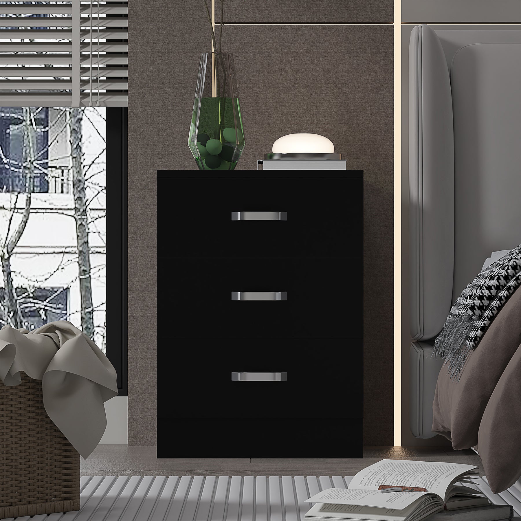 FWStyle Tunis 3 Drawer Bedside Chest Matt Black