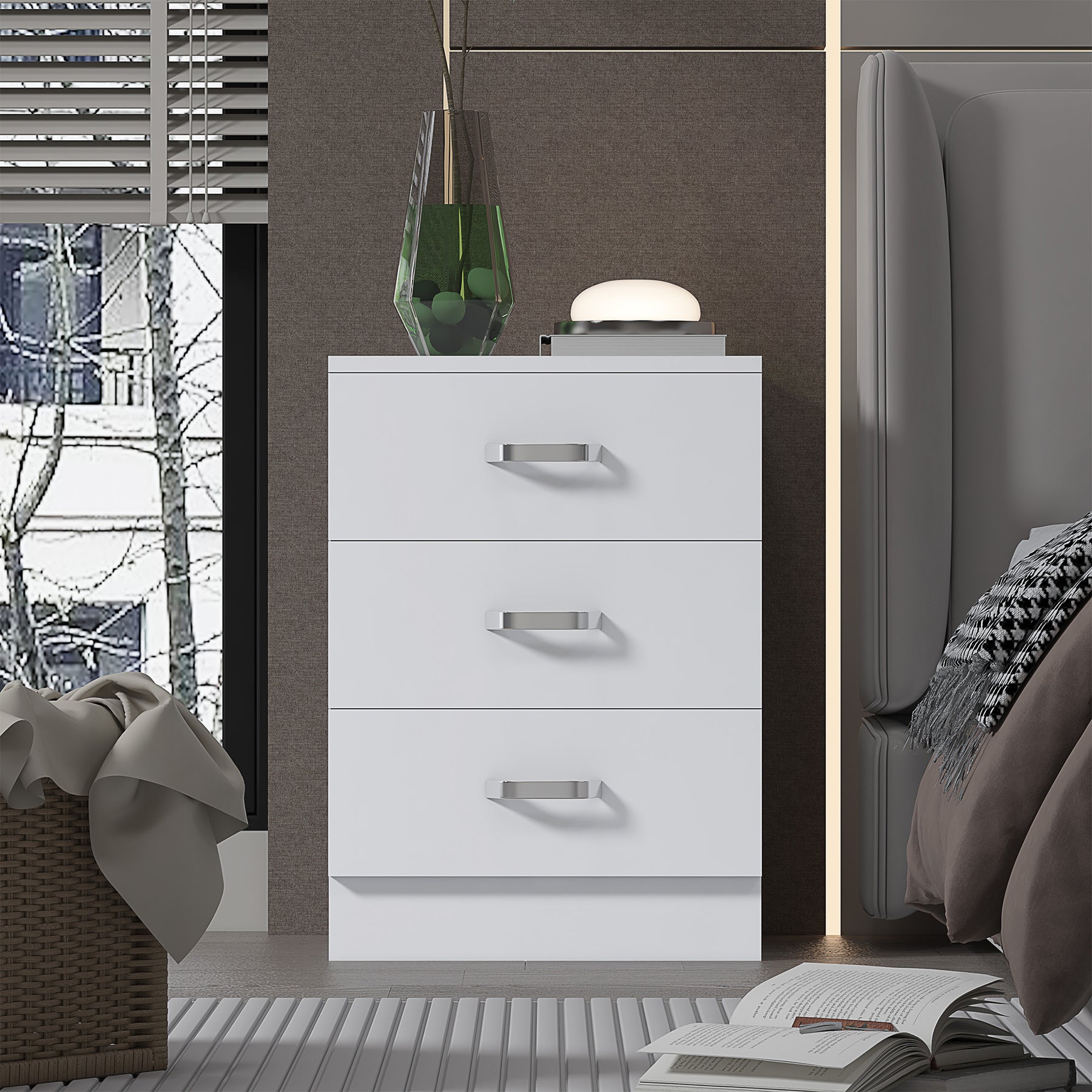 FWStyle Tunis 3 Drawer Bedside Chest Matt White