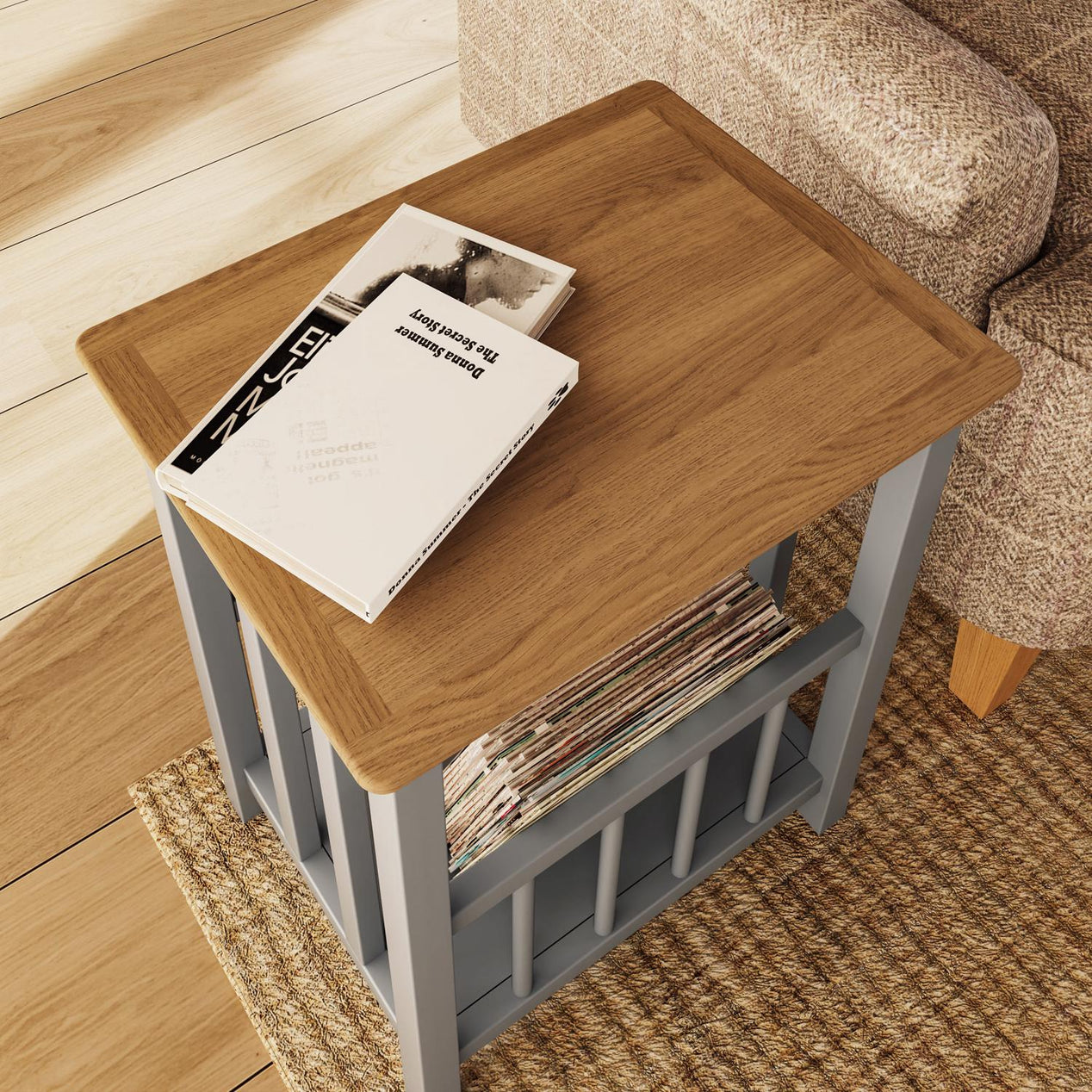 Taberno Oak Magazine Rack Turntable Stand Dove Grey