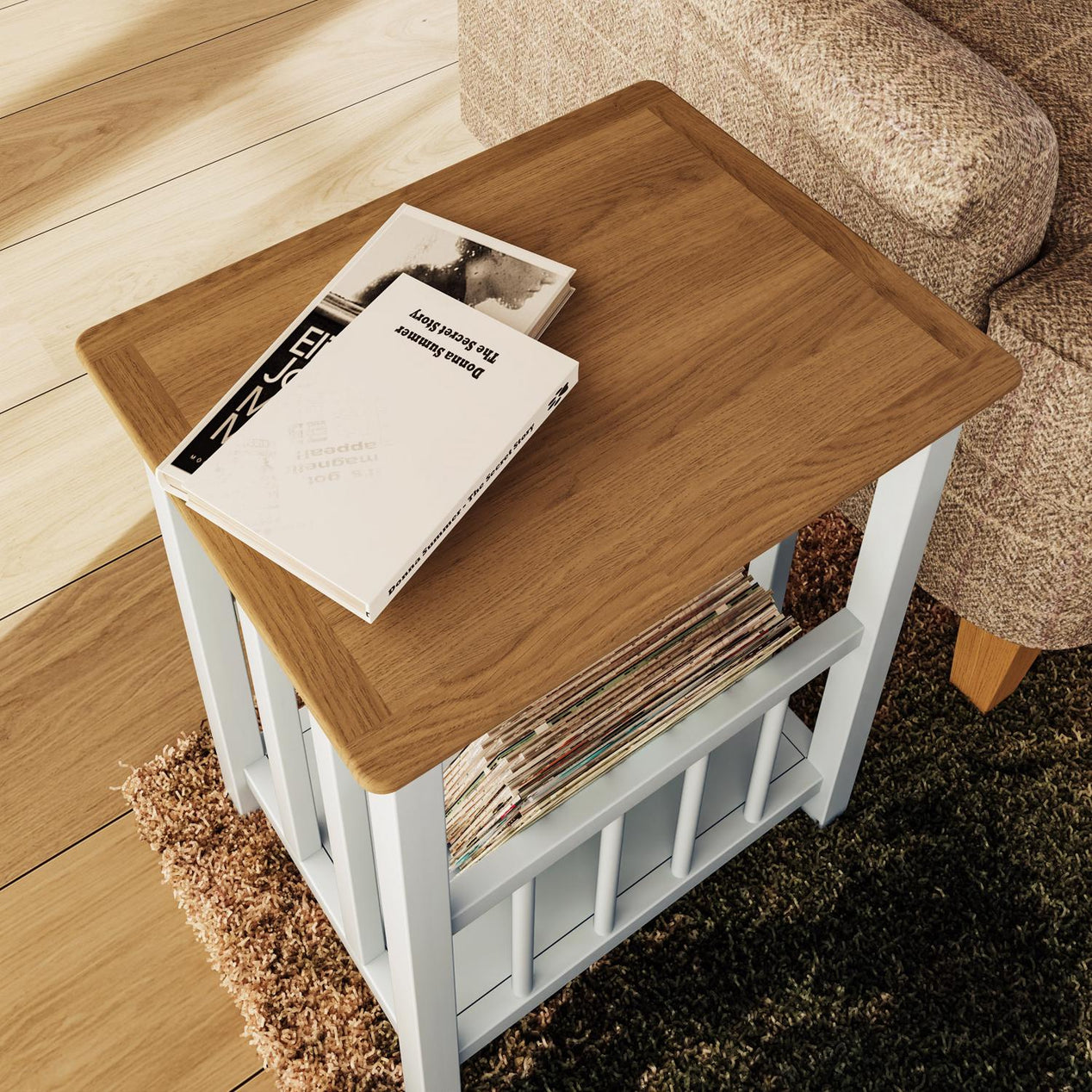 Taberno Oak Magazine Rack Turntable Stand Linen White