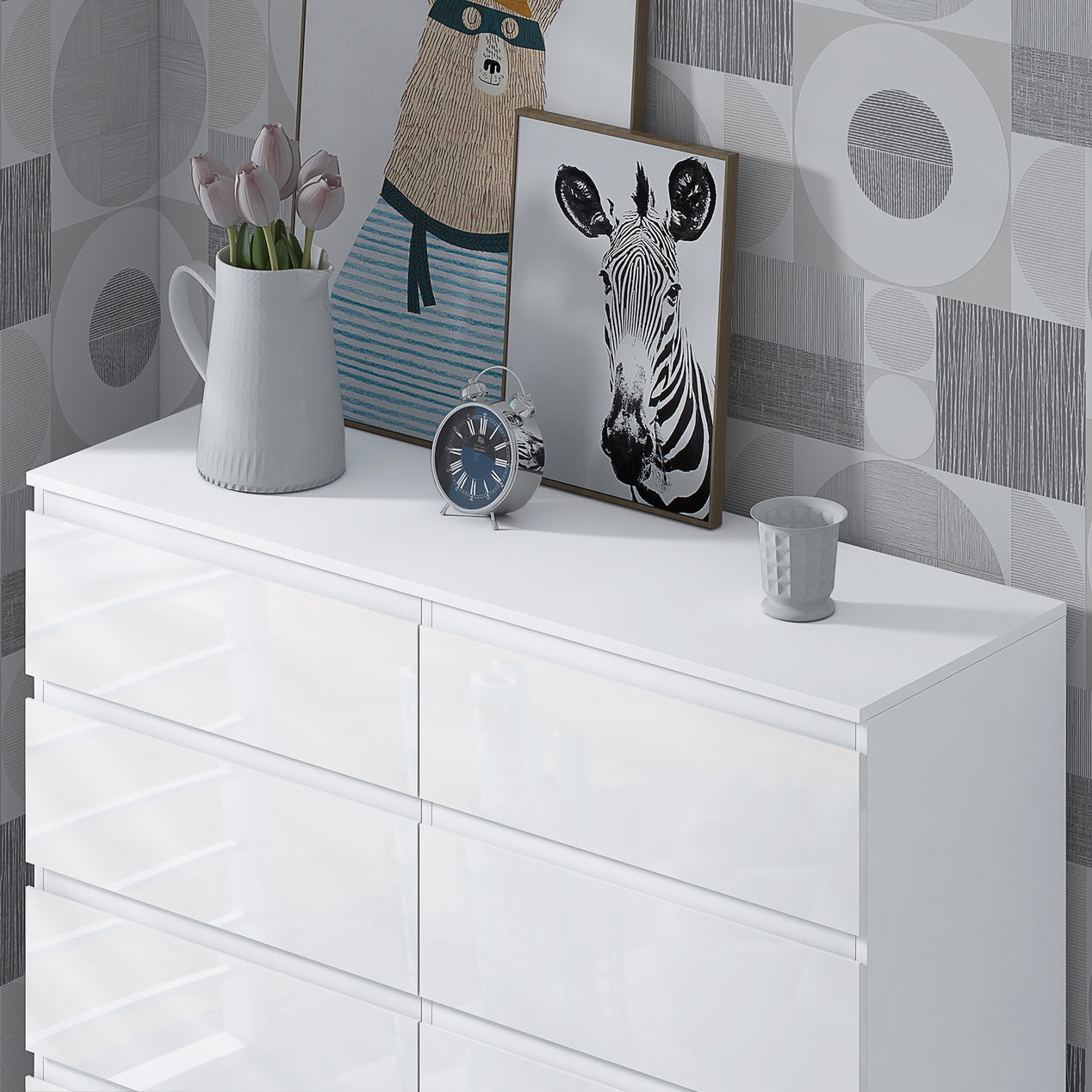FWStyle Stora 8 Drawer Wide 4+4 Chest Of Drawers - White Gloss Front