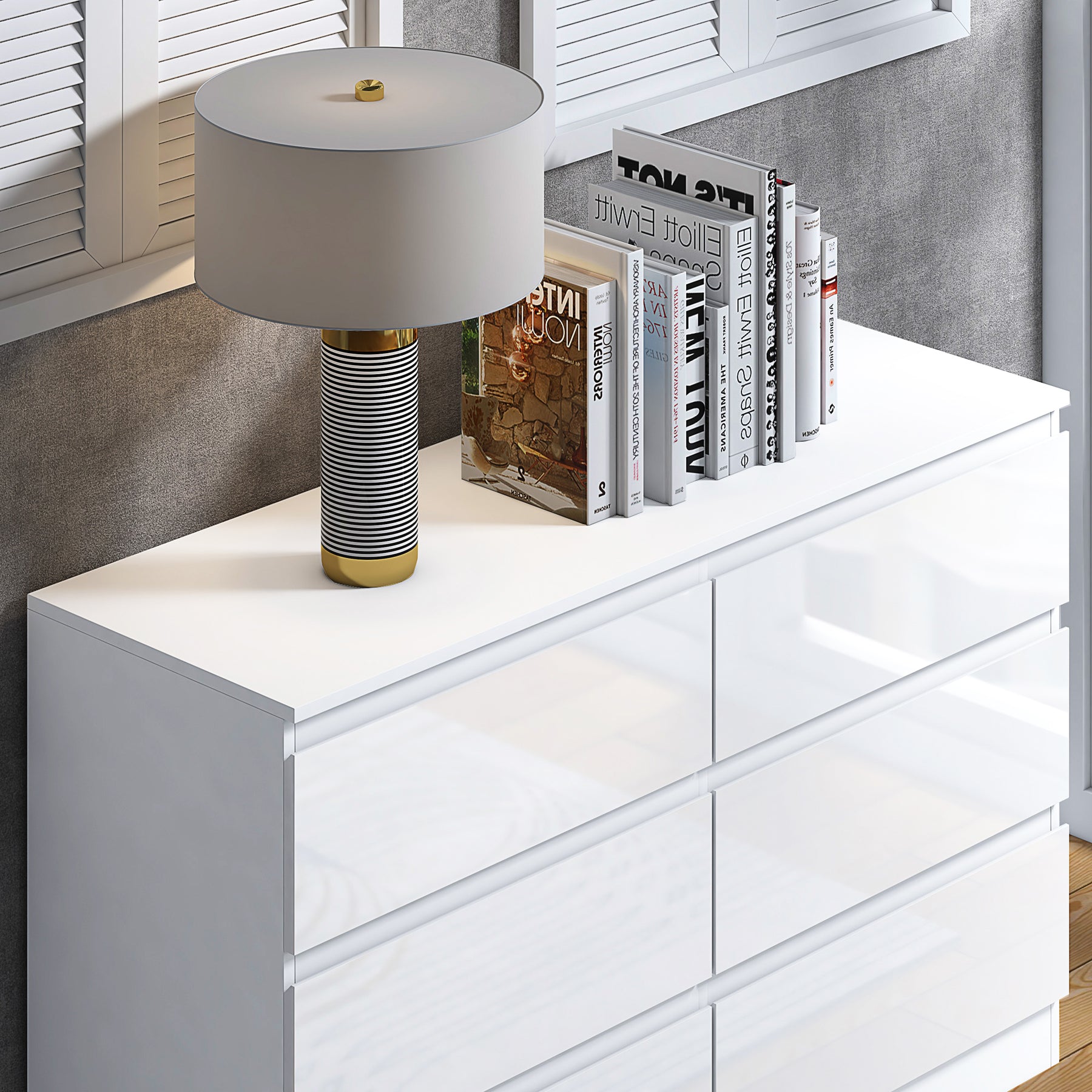 FWStyle Stora 6 Drawer Wide 3+3 Chest Of Drawers - White Gloss Front