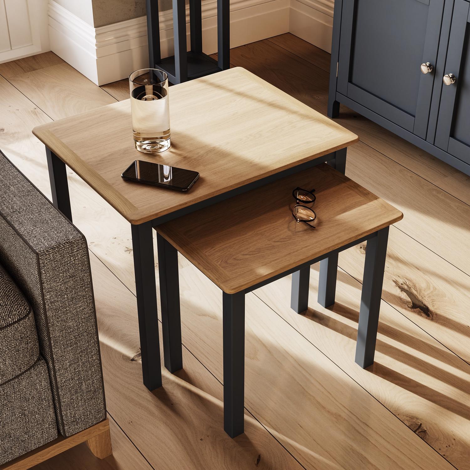 Taberno Oak Nest Of 2 Tables Graphite Blue