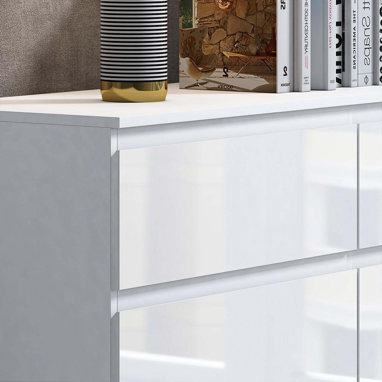 FWStyle Stora 6 Drawer Wide 3+3 Chest Of Drawers - White Gloss Front