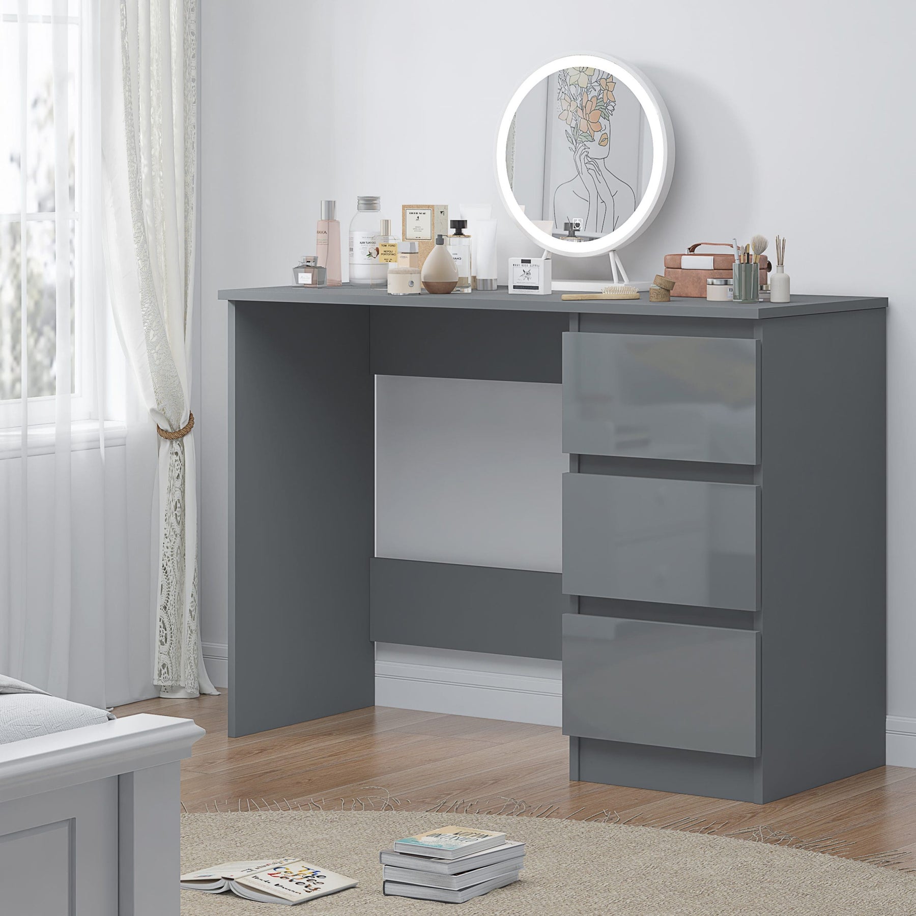 FWStyle Stora 3 Drawer Dressing Table - Grey Gloss Front