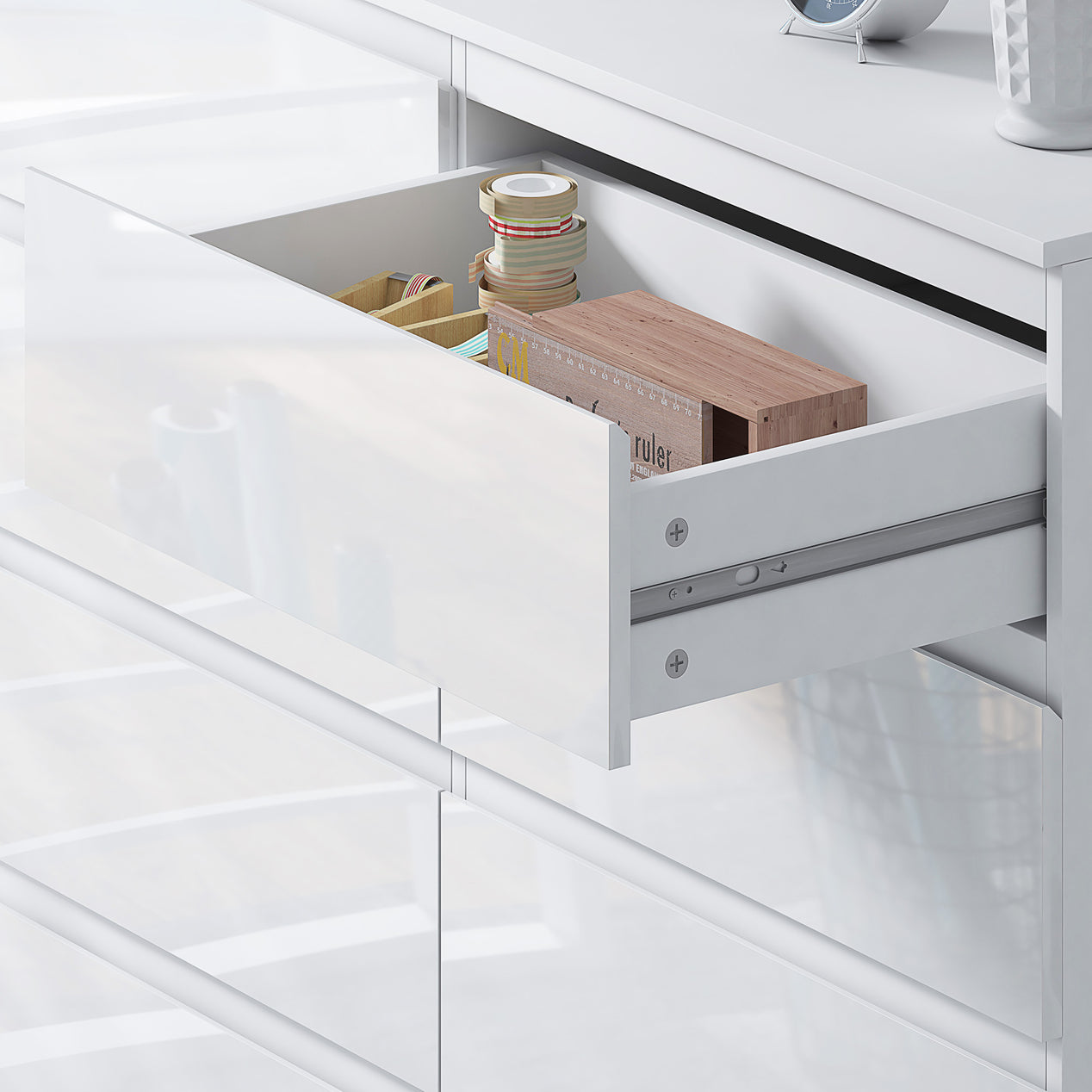 FWStyle Stora 8 Drawer Wide 4+4 Chest Of Drawers - White Gloss Front