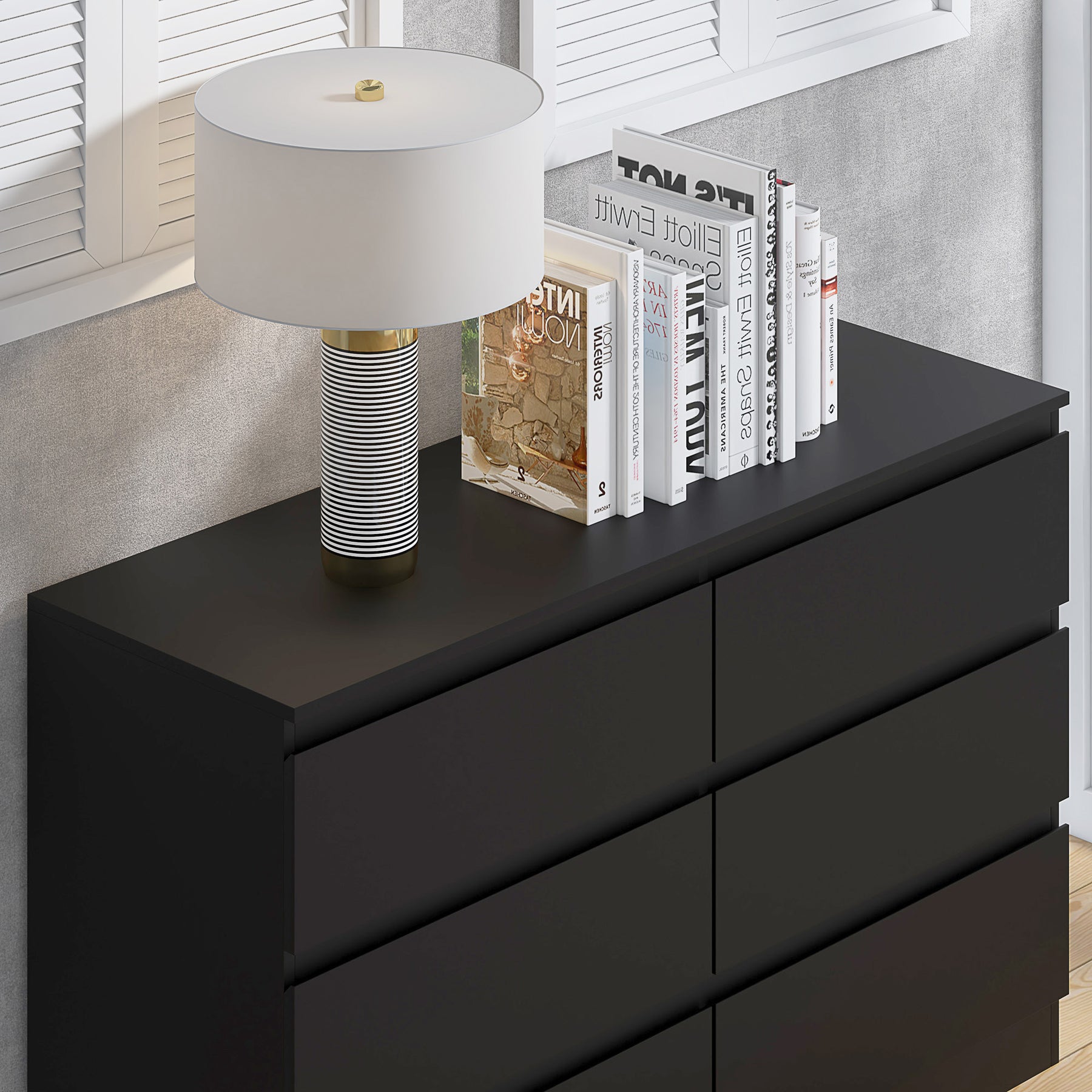 FWStyle Stora 6 Drawer Wide 3+3 Chest Of Drawers - Matt Black