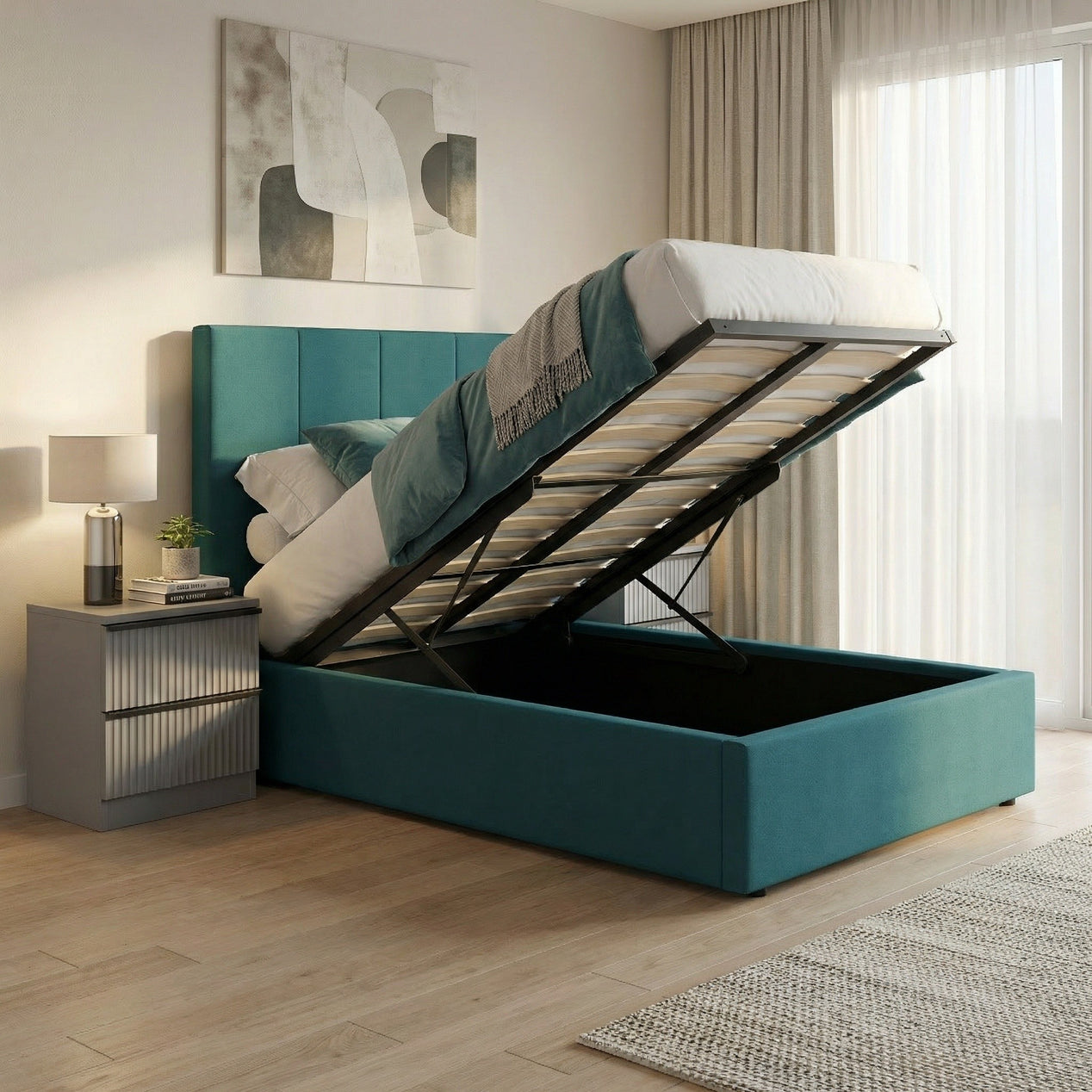 Single Ottoman Storage Bedframe - Dolphin Blue Fabric
