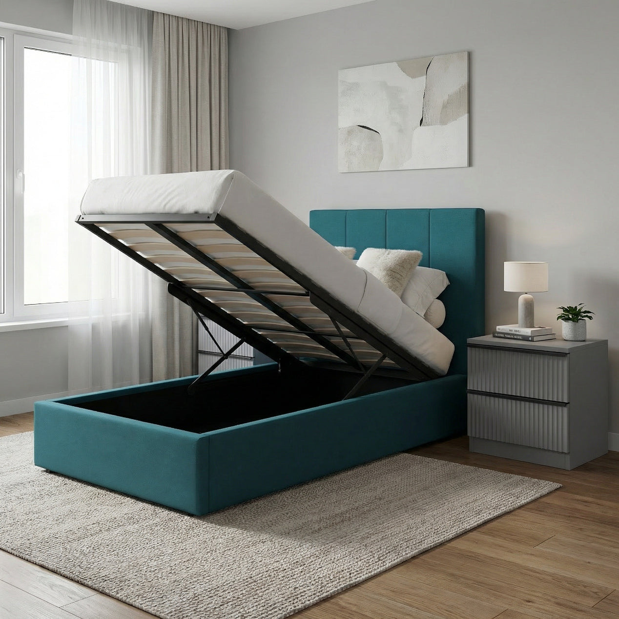 Single Ottoman Storage Bedframe - Dolphin Blue Fabric