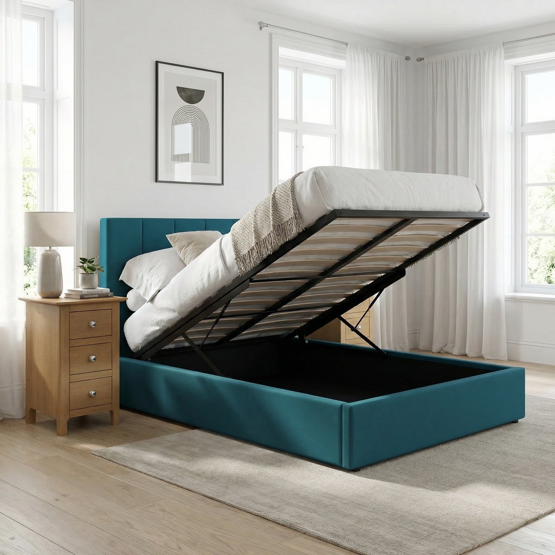 Double Size Ottoman Storage Bedframe - Dolphin Blue Fabric