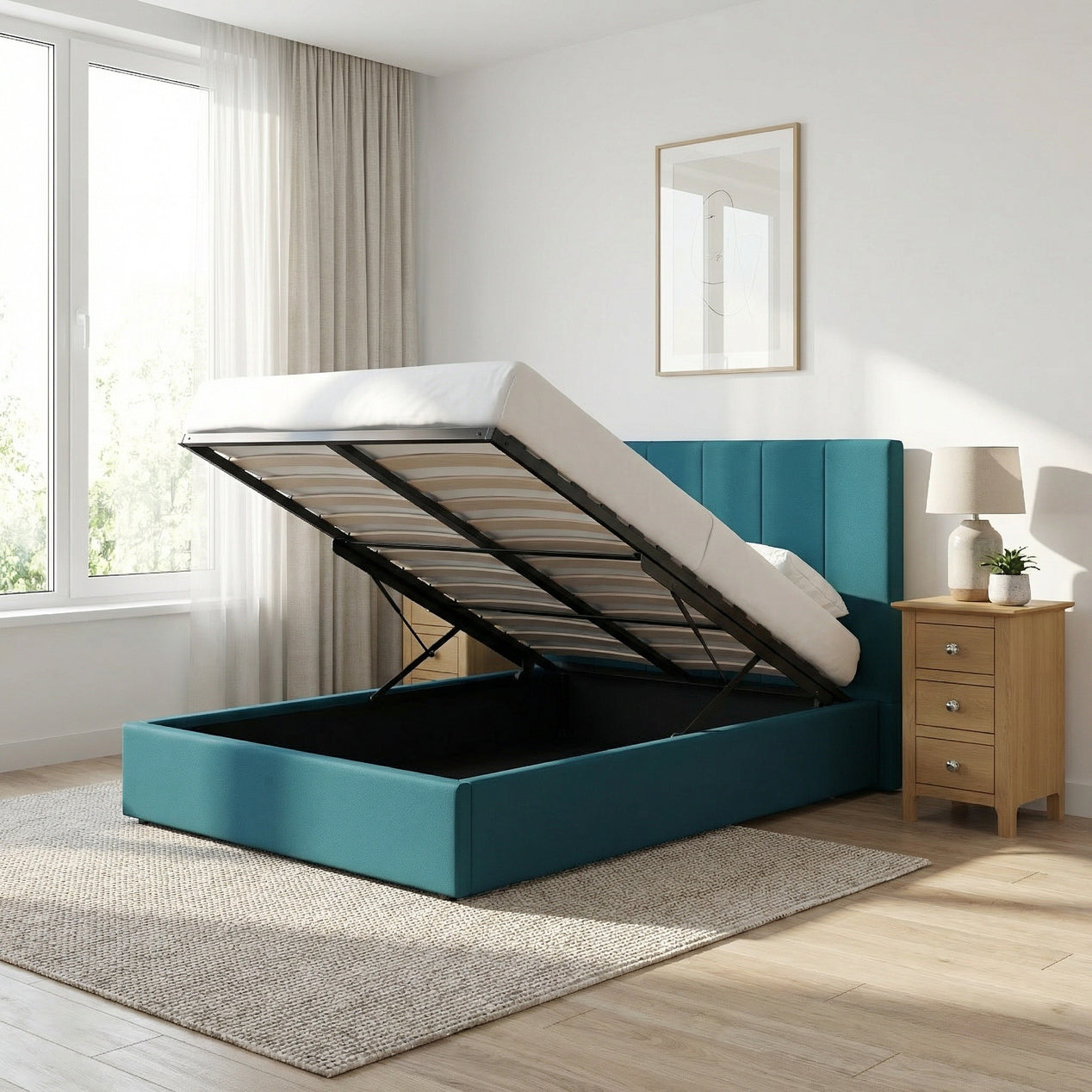 Double Size Ottoman Storage Bedframe - Dolphin Blue Fabric