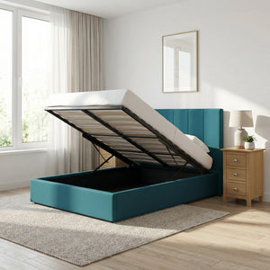 Double Size Ottoman Storage Bedframe - Dolphin Blue Fabric