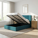 Small Double Ottoman Storage Bedframe - Dolphin Blue Fabric