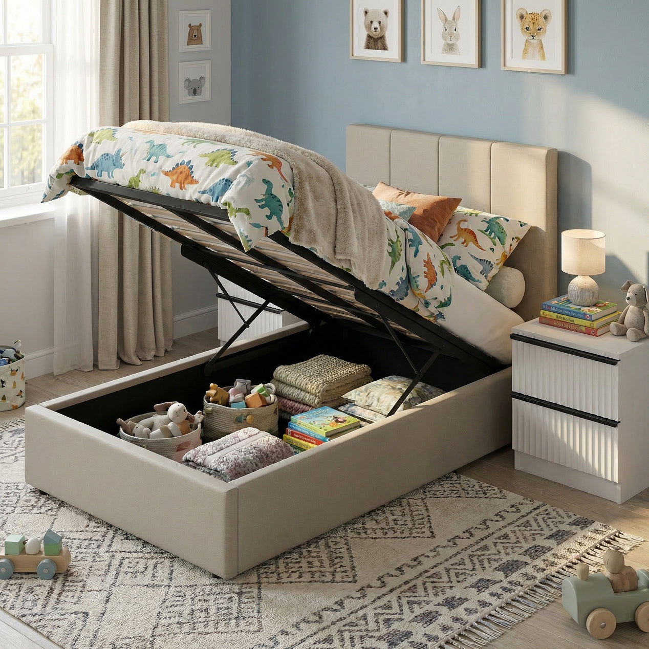 Single Ottoman Storage Bedframe - Oatmeal Fabric