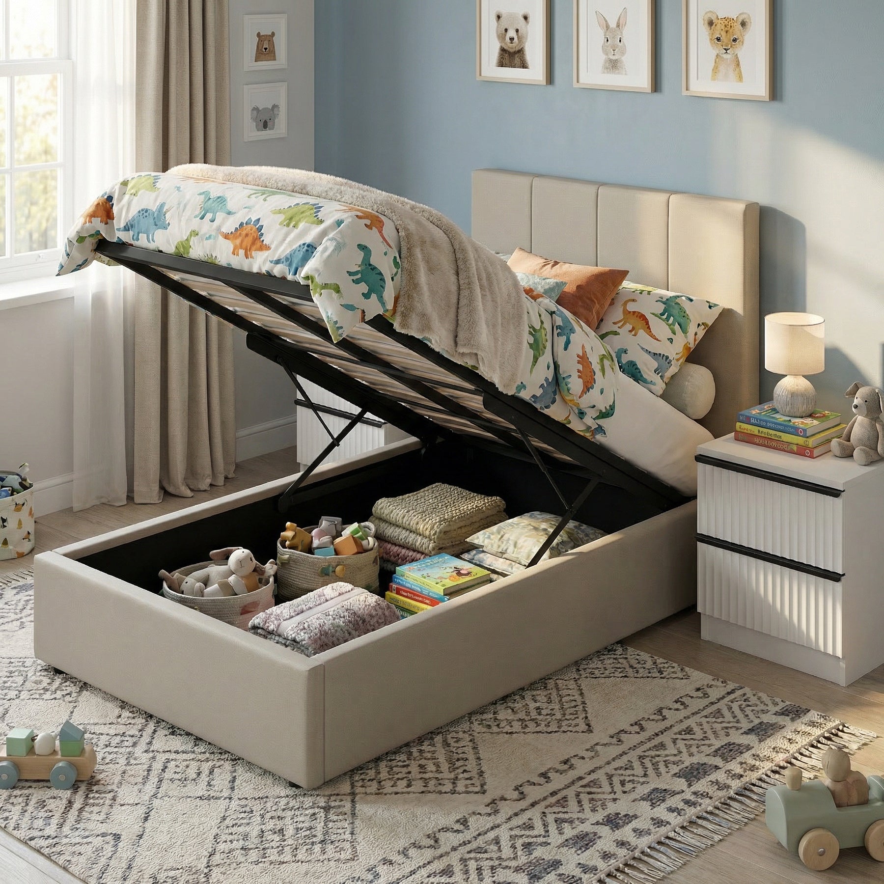 Single Ottoman Storage Bedframe - Oatmeal Fabric