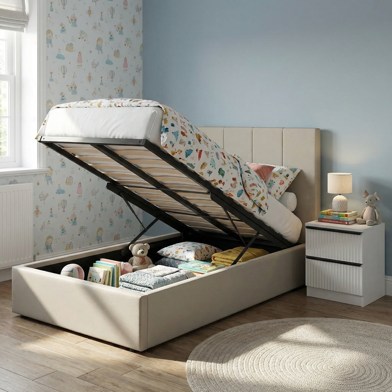 Single Ottoman Storage Bedframe - Oatmeal Fabric