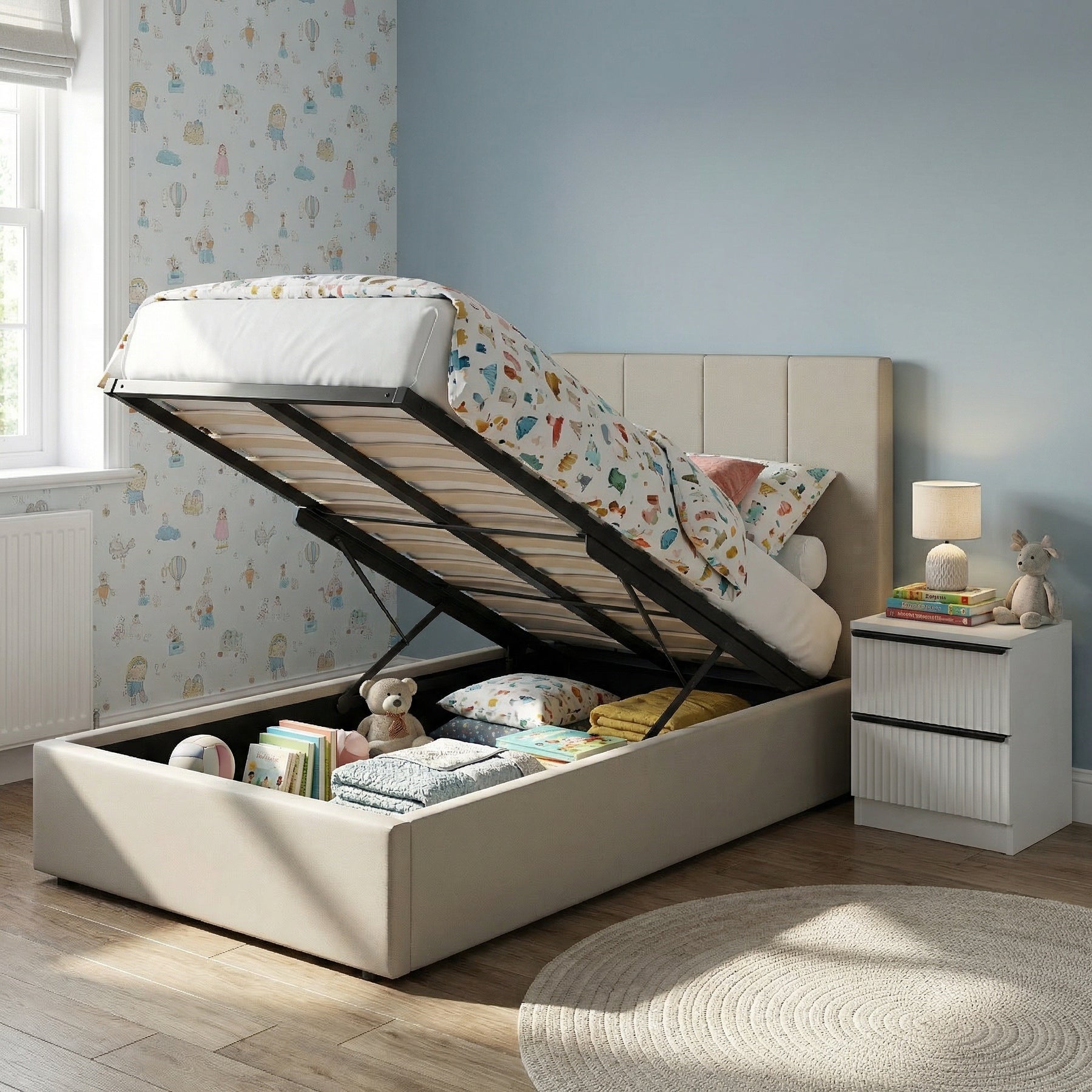 Single Ottoman Storage Bedframe - Oatmeal Fabric