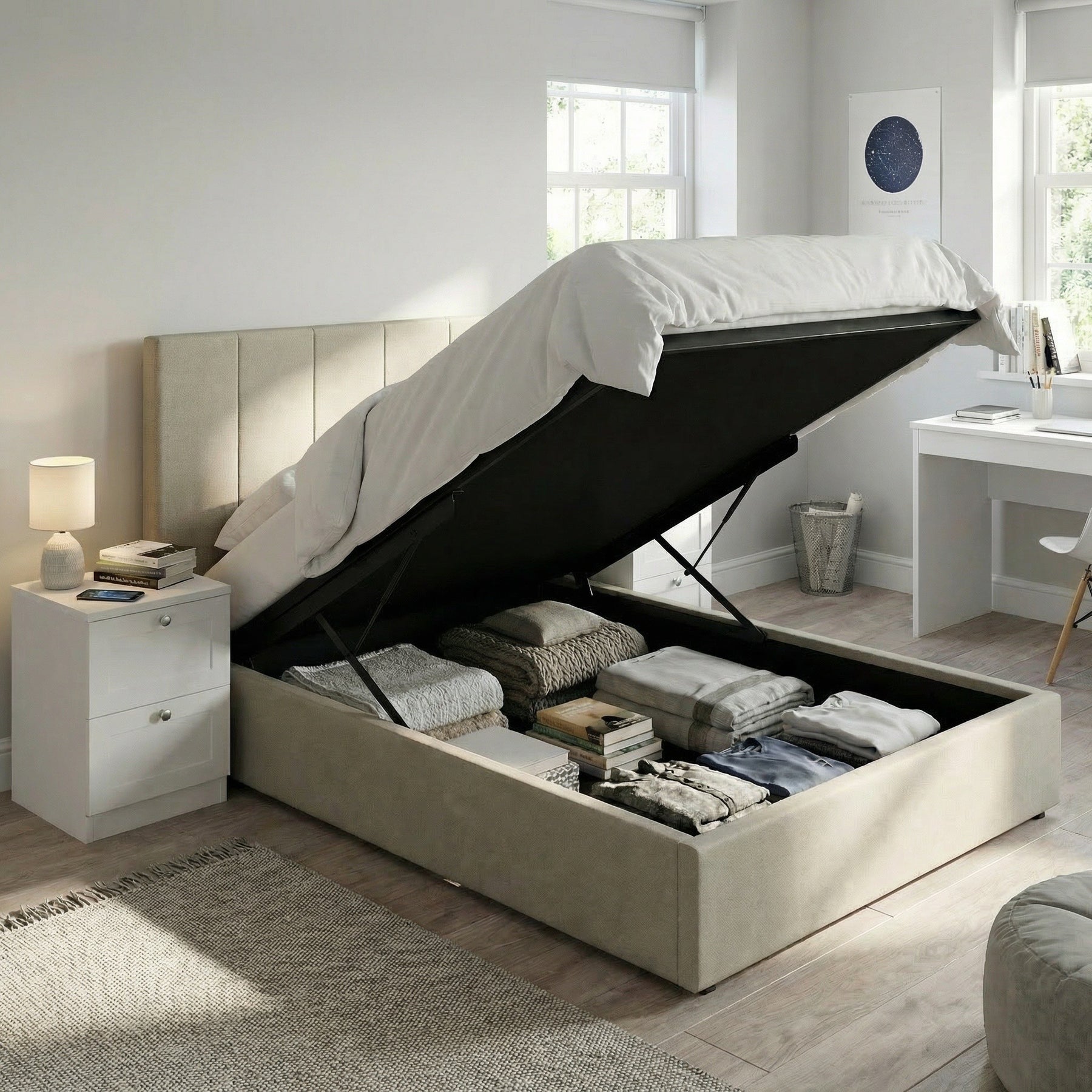 Small Double Ottoman Storage Bedframe - Oatmeal Fabric