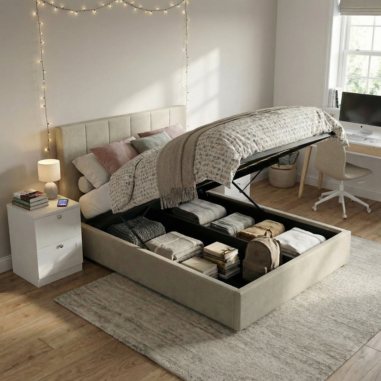 Small Double Ottoman Storage Bedframe - Oatmeal Fabric