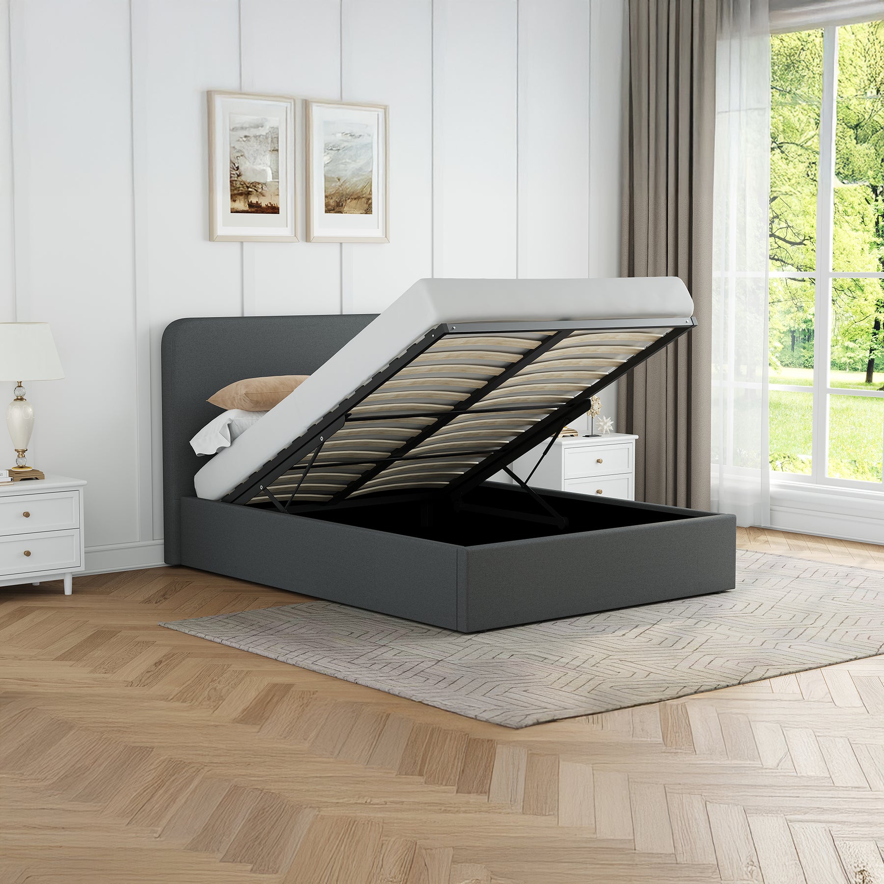 Grey Fabric King Size Ottoman Storage Bedframe