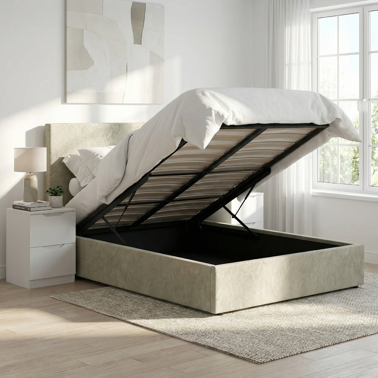 King Size Ottoman Storage Bedframe - Marbled Sand Fabric