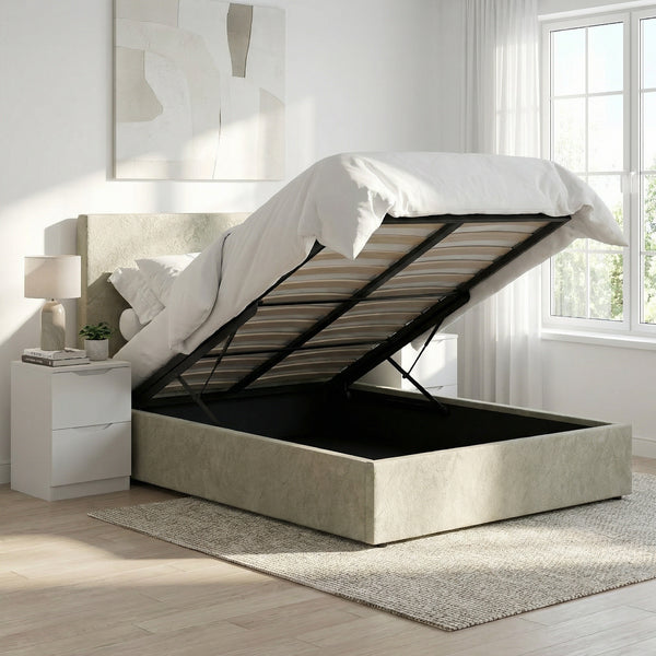 King Size Ottoman Storage Bedframe - Marbled Sand Fabric