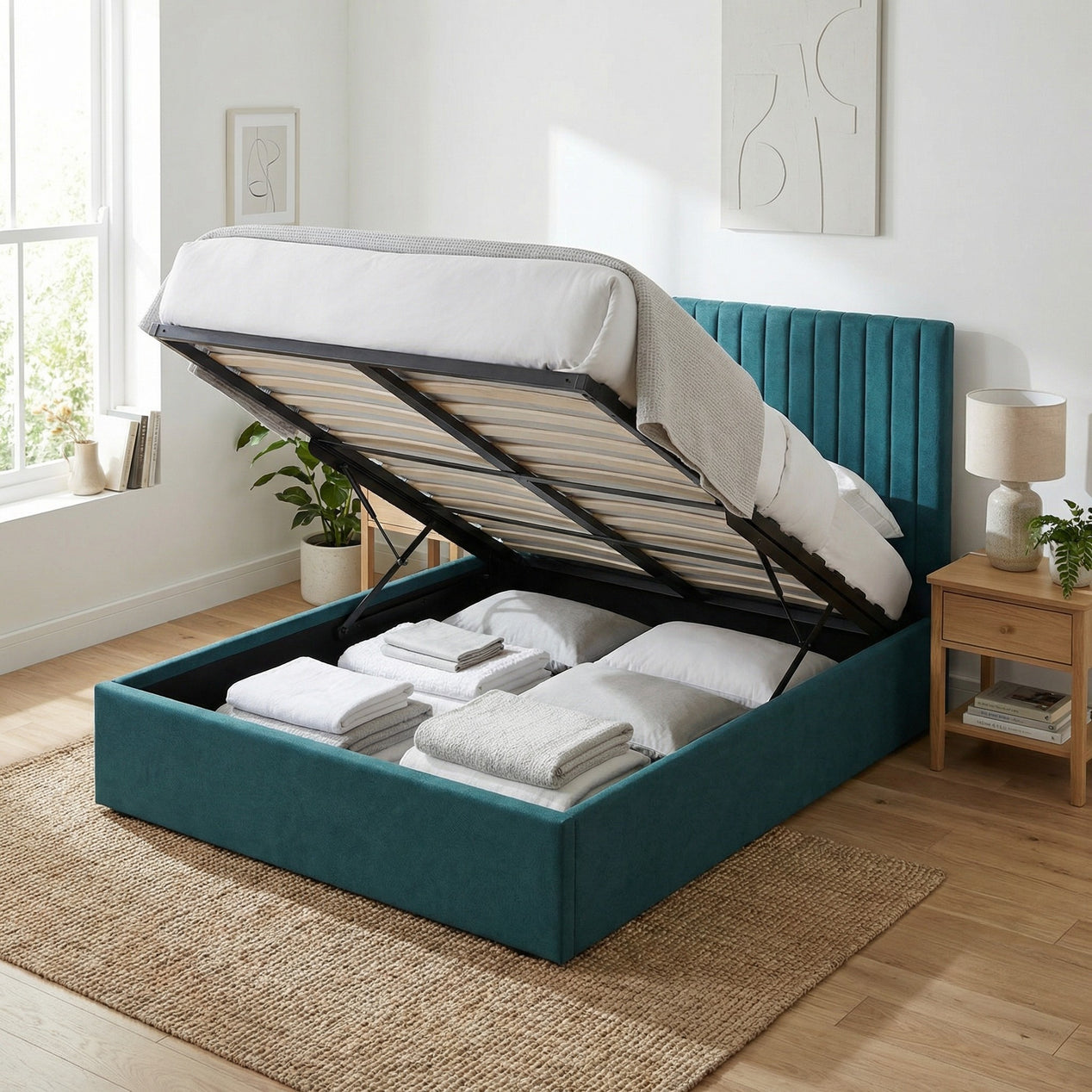 King Size Tall Ottoman Storage Bedframe - Marbled Teal Fabric