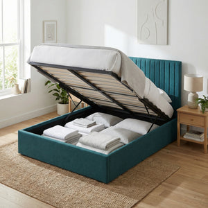 Double Size Tall Ottoman Storage Bedframe - Marbled Teal Fabric